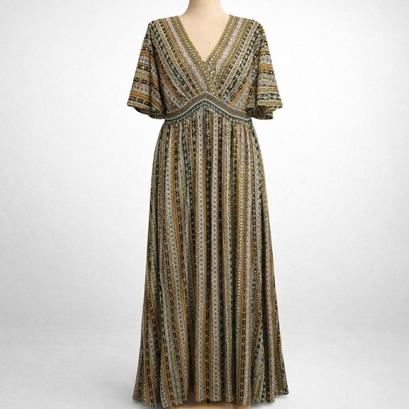 BloomChic Dresses & Skirts - Floral Peasant Dress Maxi Cottagecore Green Striped Smocked V Neck Boho Grunge